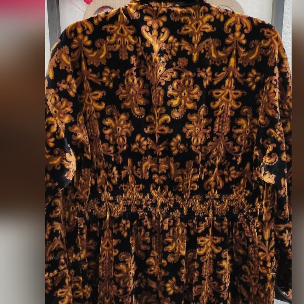 Free People Black and Gold Baroque Velvet Long Sleeve Dress